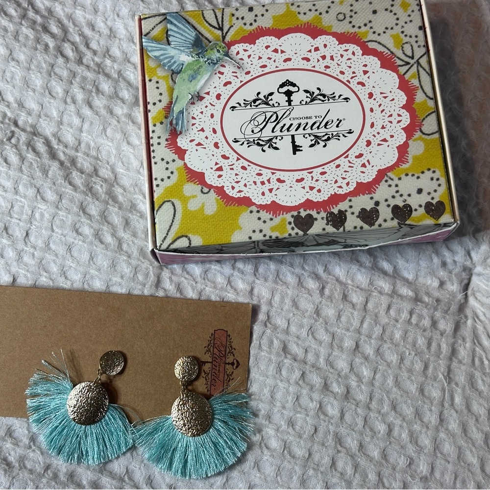 Plunder Aqua Fan Fringe Earrings with Textured Gold Discs